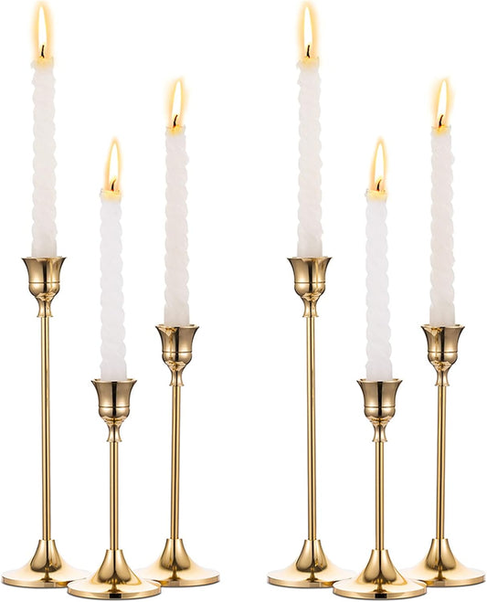 2 Sets(6 Pcs) Brass Gold Metal Taper Candle Holders Candlestick Holder