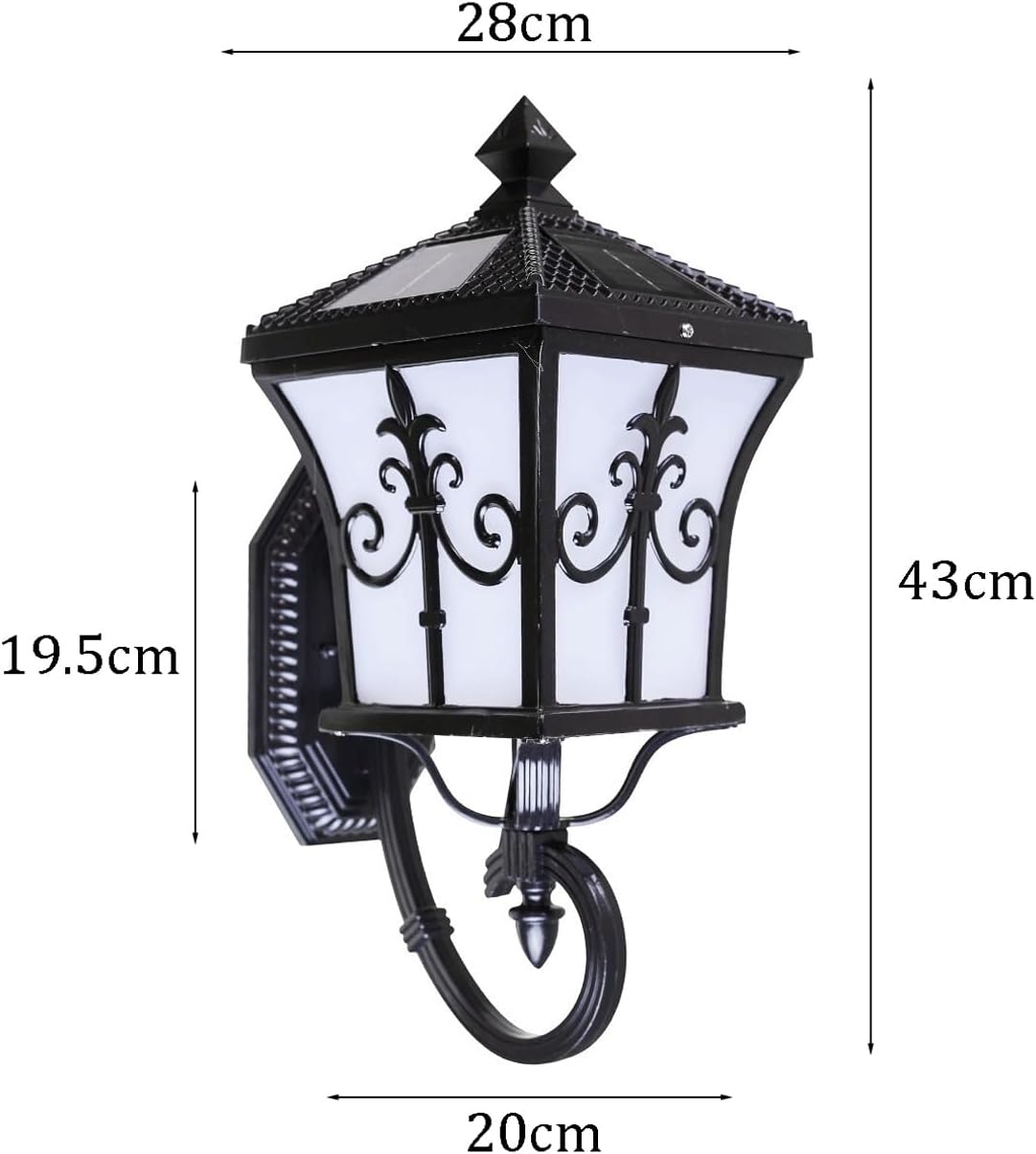 Solar Outdoor Wall Lantern, Black Die-cast Aluminum Exterior Wall Sconce Lamp with Acrylic Shade and Vintage Scrolls, LED/E27 Dual Sources for Garden, Porch, Patio, Villa, Yard, Pathways