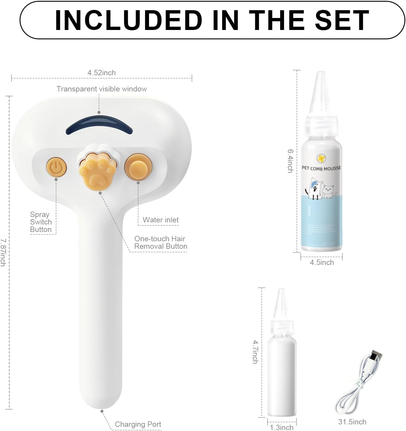 Pet Steam Brush for Dog & Cat – 3-in-1 Spray Hair Removal Comb for She