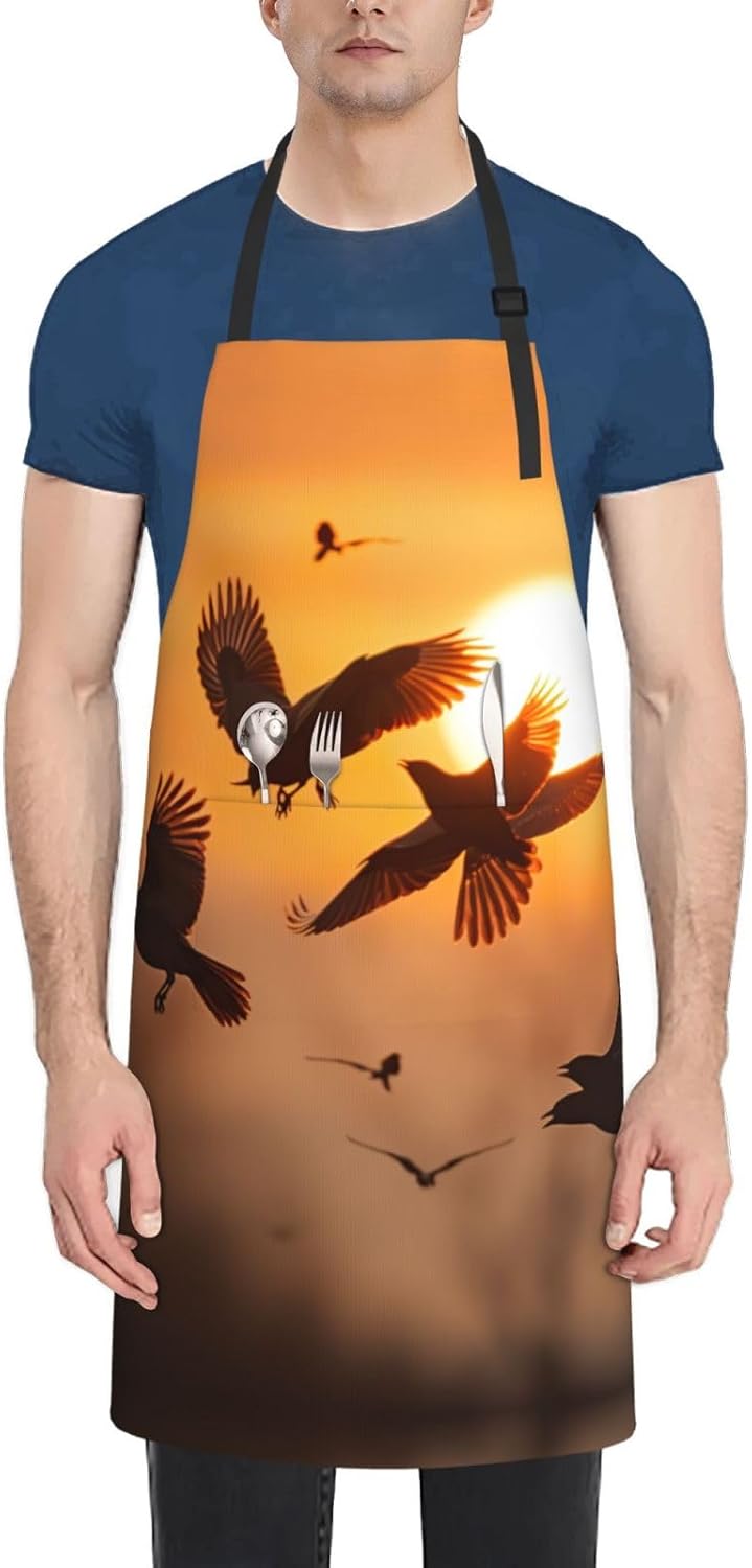 Birds Sunset print Waterproof apron with pocket adjustable cooking apron for adult kitchen bibs to bake
