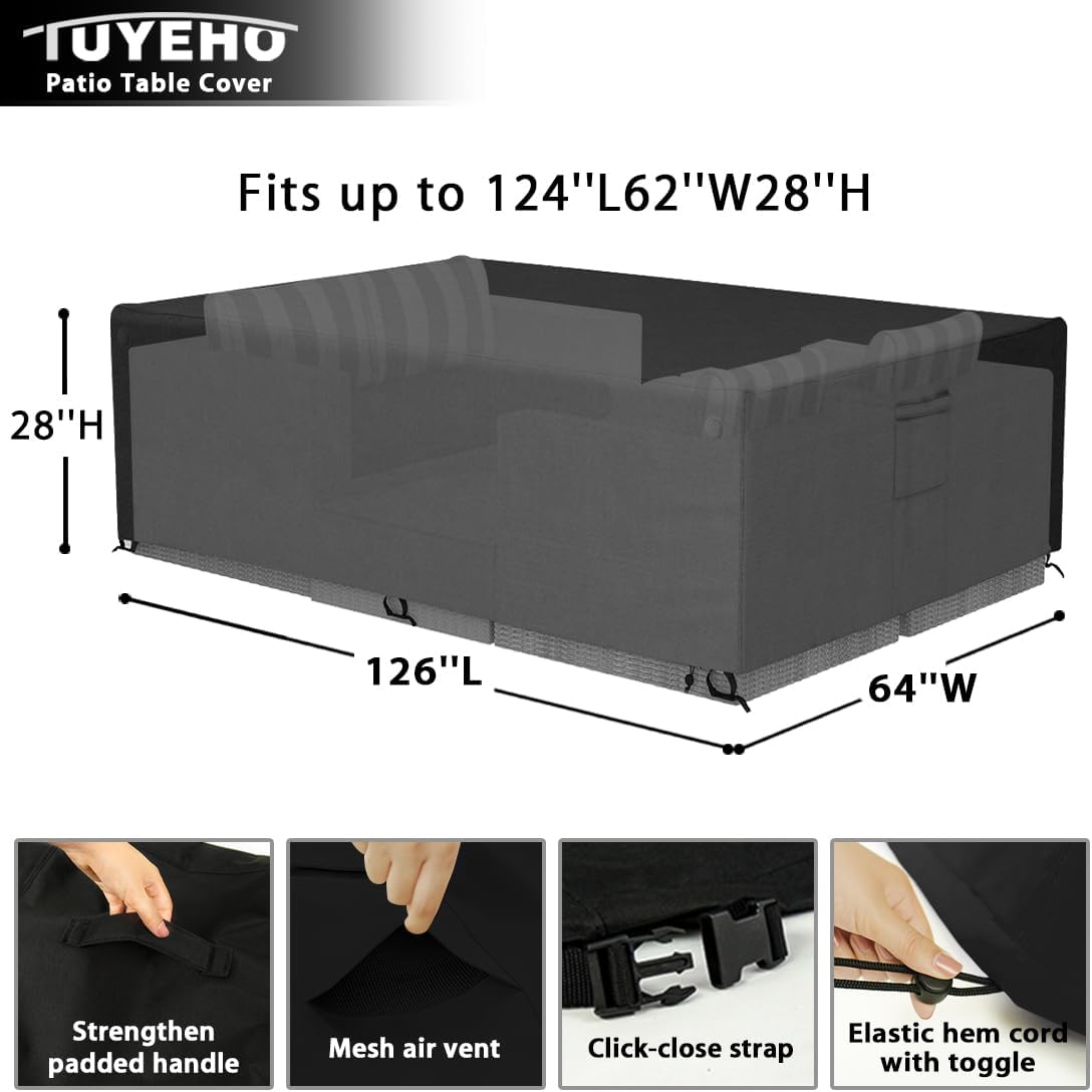 Tuyeho Patio Furniture Set Cover 126 x 64 x 28 inch, Durable Heavy Duty Oxford Fabric Outdoor Sectional Set Cover, Waterproof & Weather Resistant, for Your Outdoor Sectional Sofa Set (Black)