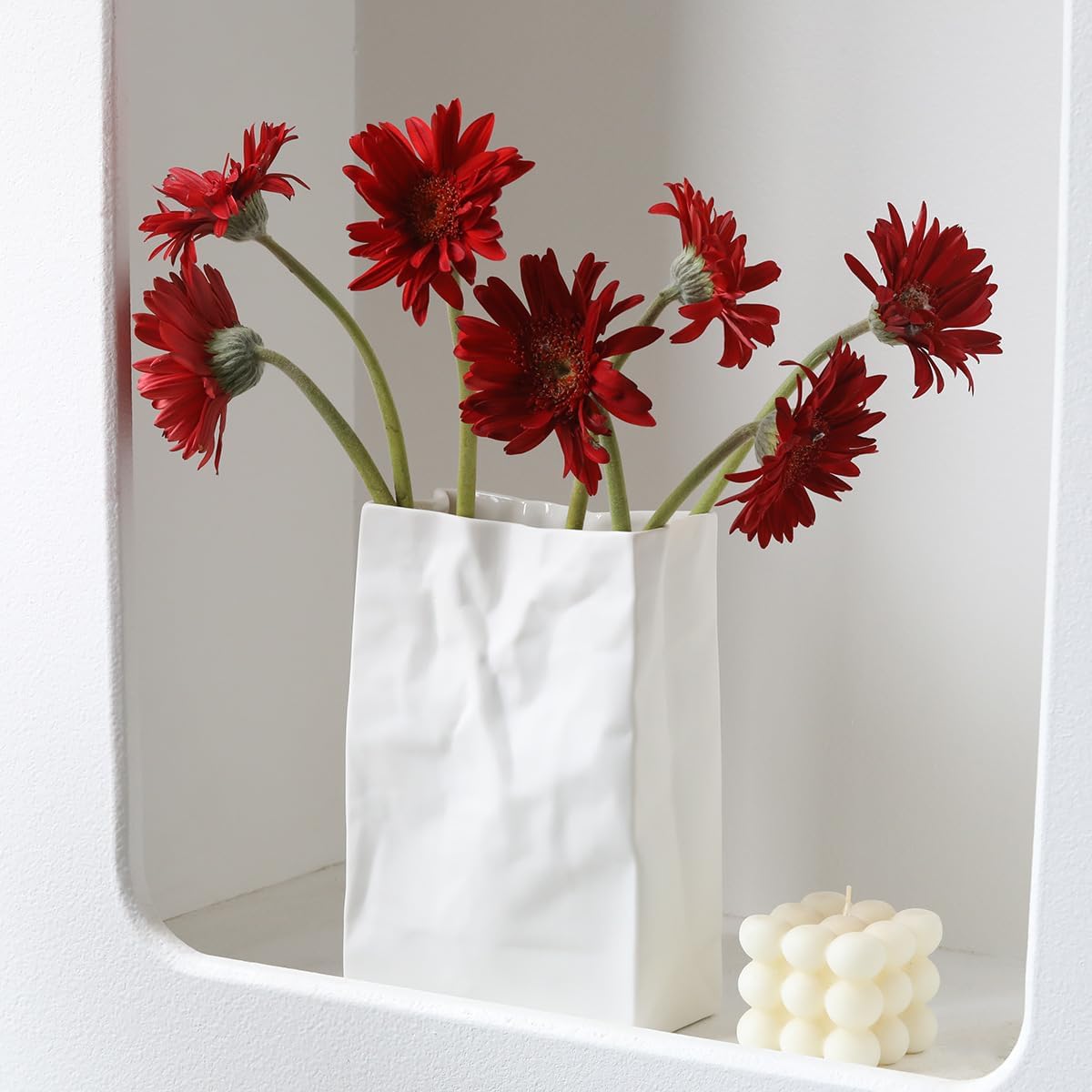Crinkle Paper Bag Ceramic Vase, 7.8 Inch Square Wide Mouth Pleated Planter, Unique White Matte Vase, Minimalist Boho Pot for Flower Arrangement Table Centerpiece Home Office Bookshelf Decor