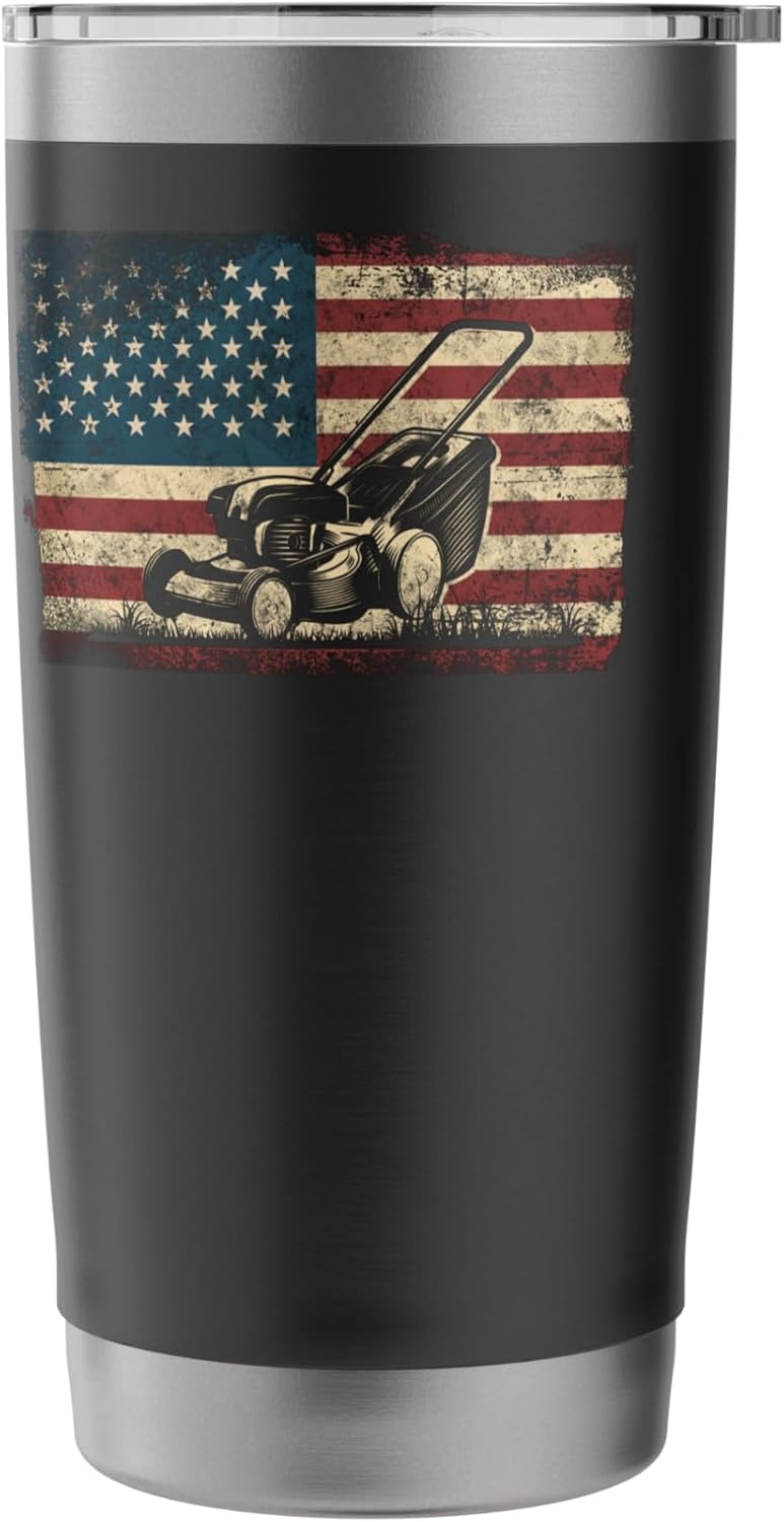 Lawn Mower Mowing Dad Father Landscaper Usa American Flag Stainless Steel Insulated Tumbler