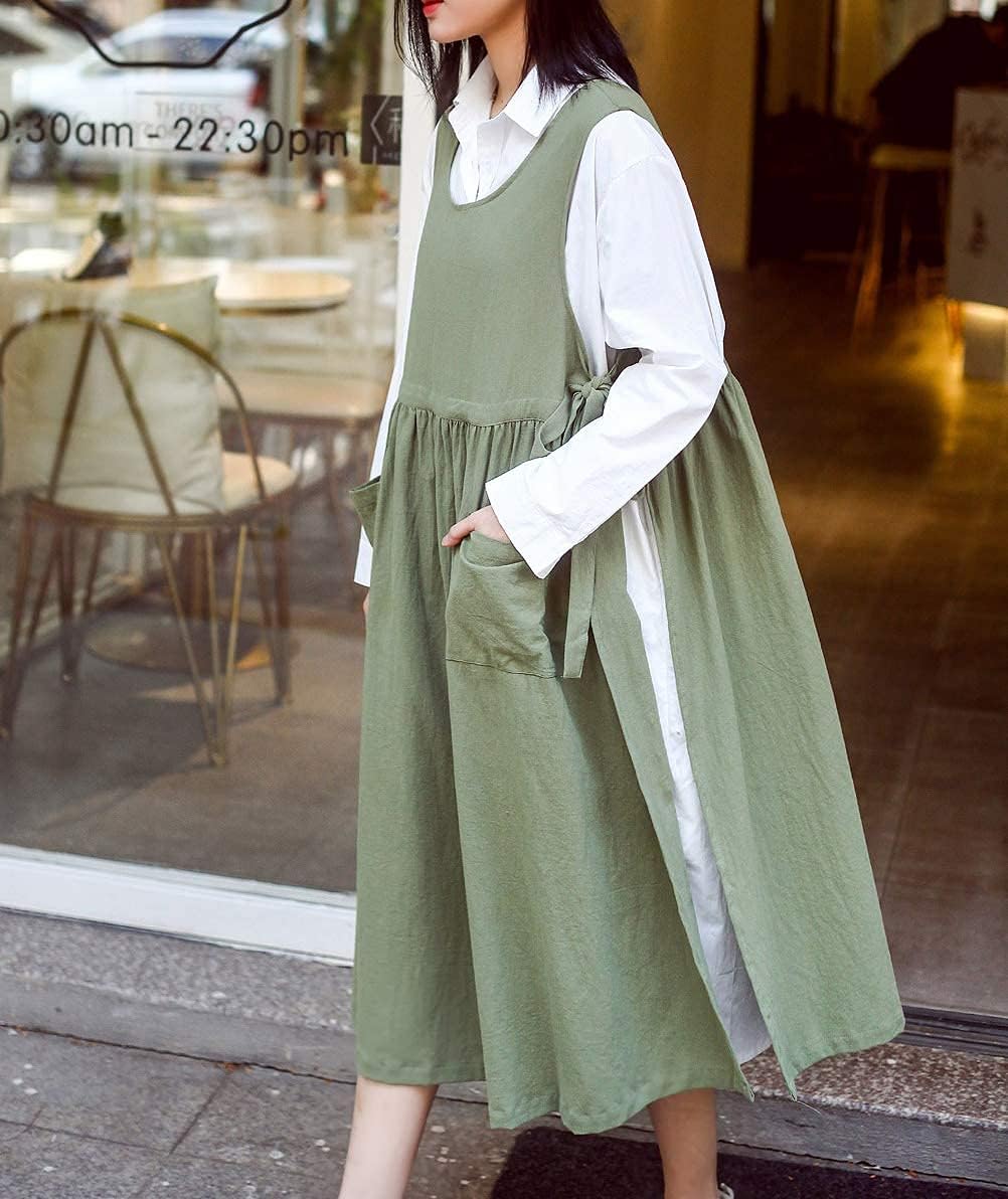 Women Plus Size Cotton Linen Vintage Pleated Split Apron Pinafore Dres