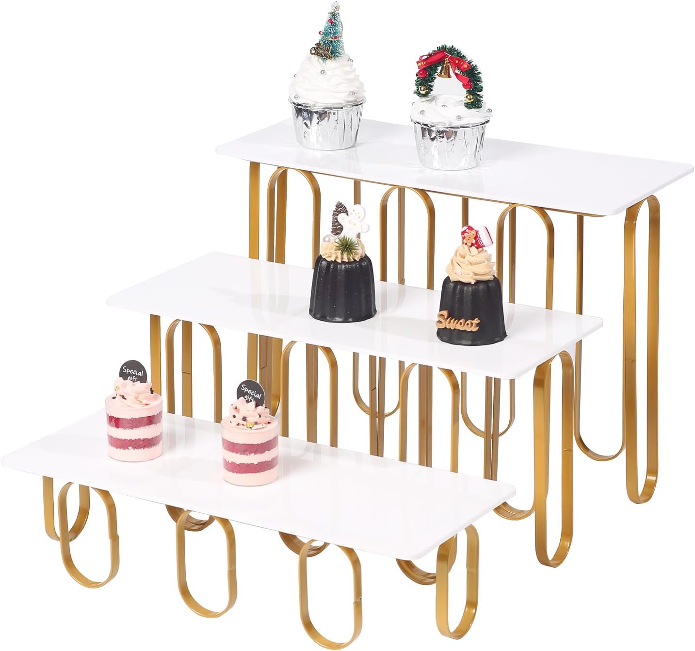 15inch 3 Tier Rectangular Plates with Metal standsy Set, Serving Trays Party Divided Tray, Used for Displaying Vegetables, Fruits and Desserts Cake, Golden and White Version