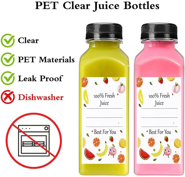 Plastic Juice Bottles with Caps 10pcs 12oz, Reusable Juice Containers with Tamper Proof Lids Black, Clear Bottles for Juicing, Milk, Smoothie Bottle, Drinking with 10Pcs Labels & Bottle Brush