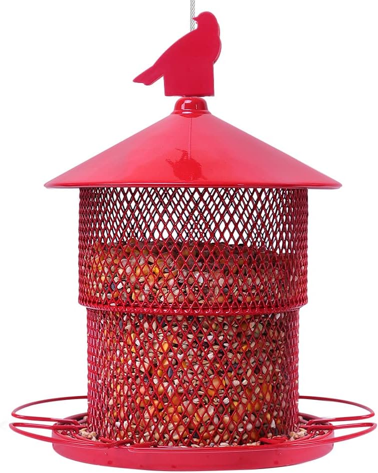 Metal Bird Feeder for Outside Hanging, Bird Feeders Squirrel Proof, 4 Lbs Large Capacity Iron Tube Mesh Wild Birdfeeder for Outdoor Finch Cardinal Chickadees Blue Jay -Red