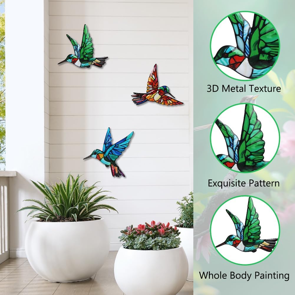 VEWOSTAR 3 Pcs Metal Hummingbird Wall Art, Indoor Outdoor Hanging Sculpture, Holiday Theme Garden Decor,Metal Bird Wall Decor for Modern Farmhouse Rustic Home