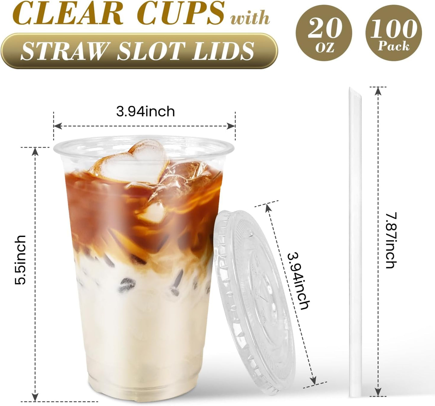 Ginkgo 100-Pack 20oz Clear Plastic Iced Coffee Cups with Lids and Stra