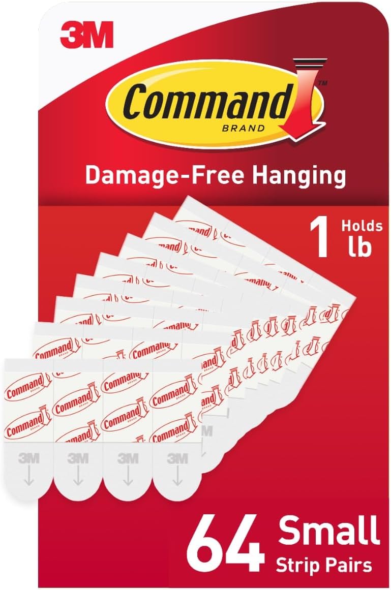 Command Indoor Small Replacement Strips, 64 Strips, Damage-Free Wall Hanging, Re-Hang Small Hooks for Home and Wall Decor, Holds up to 1 lb, White Adhesive