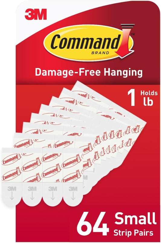 Command Indoor Small Replacement Strips, 64 Strips, Damage-Free Wall Hanging, Re-Hang Small Hooks for Home and Wall Decor, Holds up to 1 lb, White Adhesive