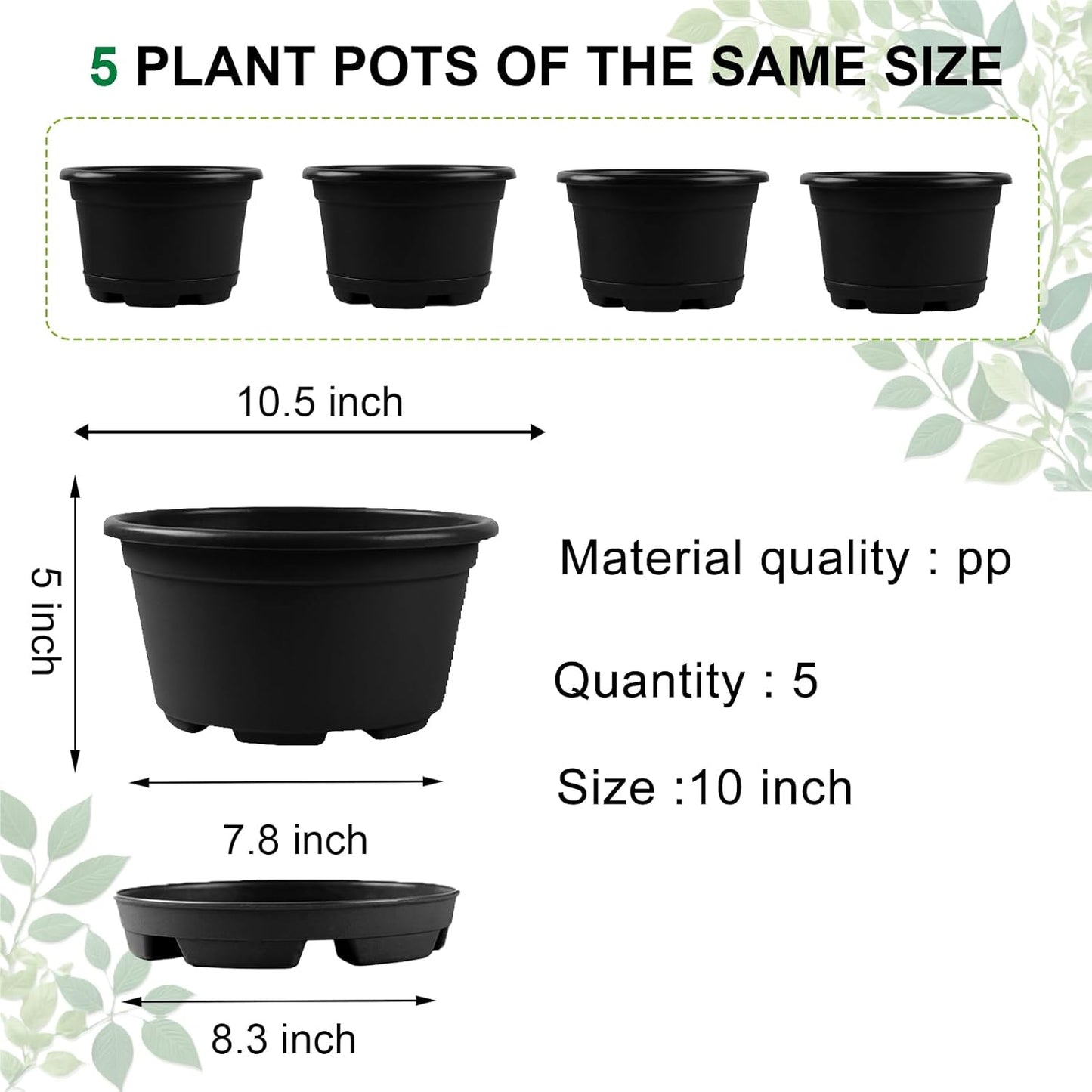 5 Pack 10.5 inch Plant Pots,Planter-Pots-for-Plants，Plastic Flower Pot