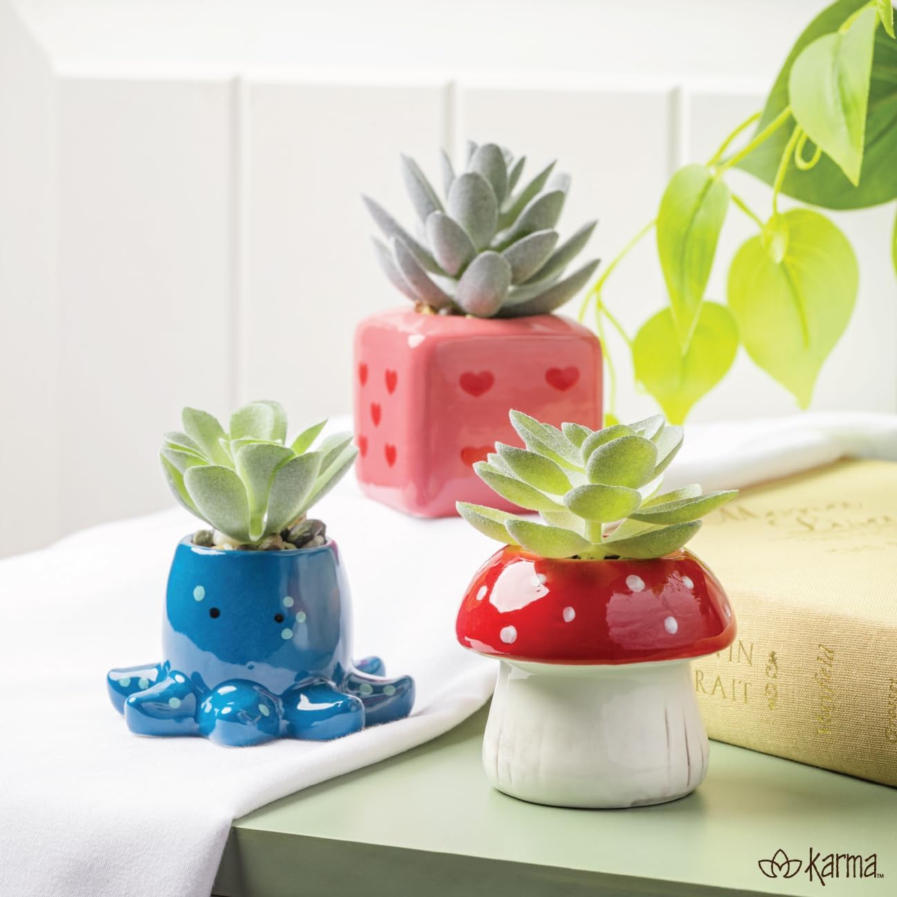 Karma, Shaped Succulent Pot, Artificial Succulents in Ceramic Pot, Fau