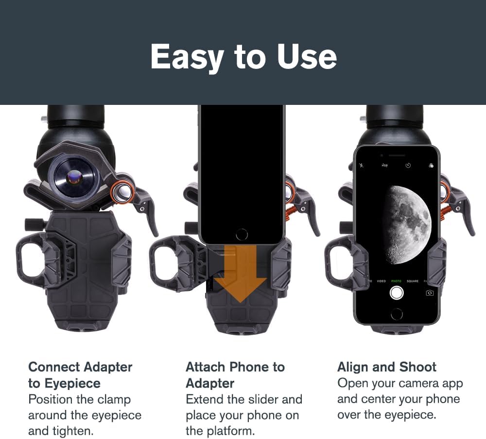 Celestron – NexYZ DX – Universal Smartphone Adapter for Telescope, Binoculars & Spotting Scopes – 3-Axis Precision Alignment – Capture Images & Video Through Your Optics – Includes Bluetooth Remote