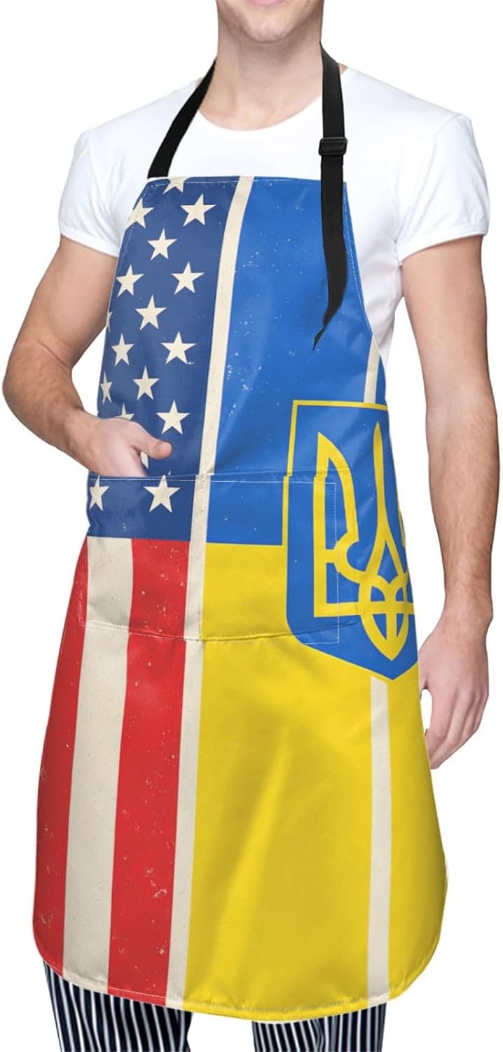 YANYU USA and Ukraine Print 28x33 In Kitchen Apron Stylish Chef Apron with Pockets for Cooking Baking Painting