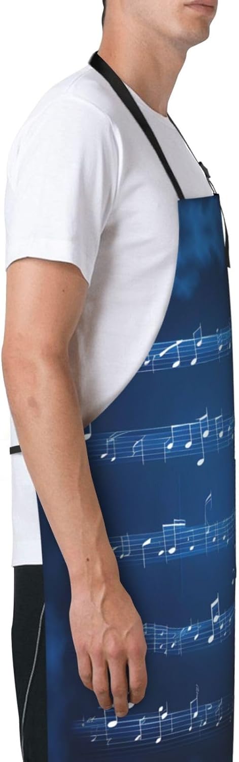 Blue Musical Notes Print Laundry apron 28x33 In Waterproof Kitchen Apron with Pockets for Cooking Baking