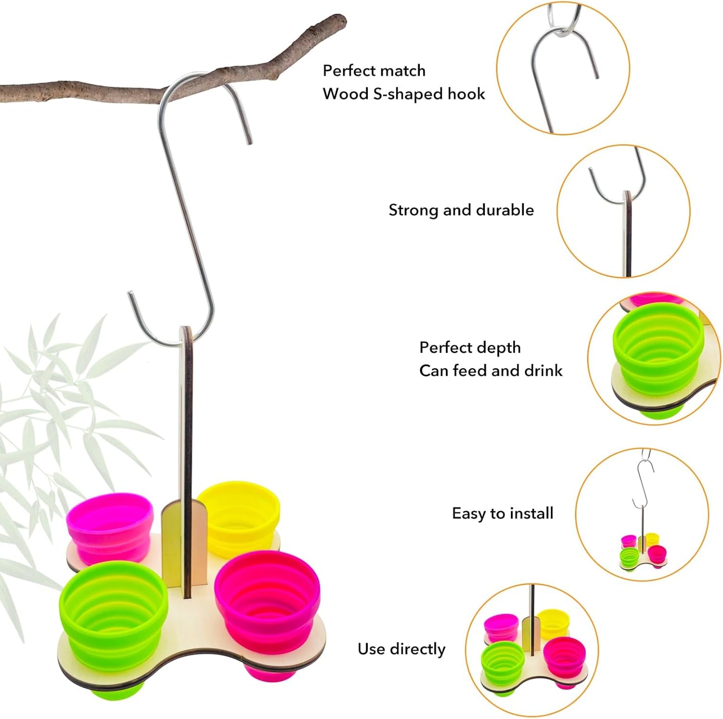Bird Feeder for Outdoors, Hanging and Standing Bird Feeder, Wooden Feeders, Food and Water Bowls with 4 Food-Grade Silicone Cups, Indoor or Outdoor