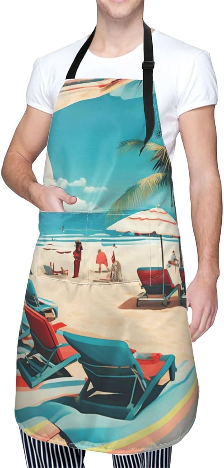 YANYU Beach Scenerys Print 28x33 In Kitchen Apron Stylish Chef Apron with Pockets for Cooking Baking Painting