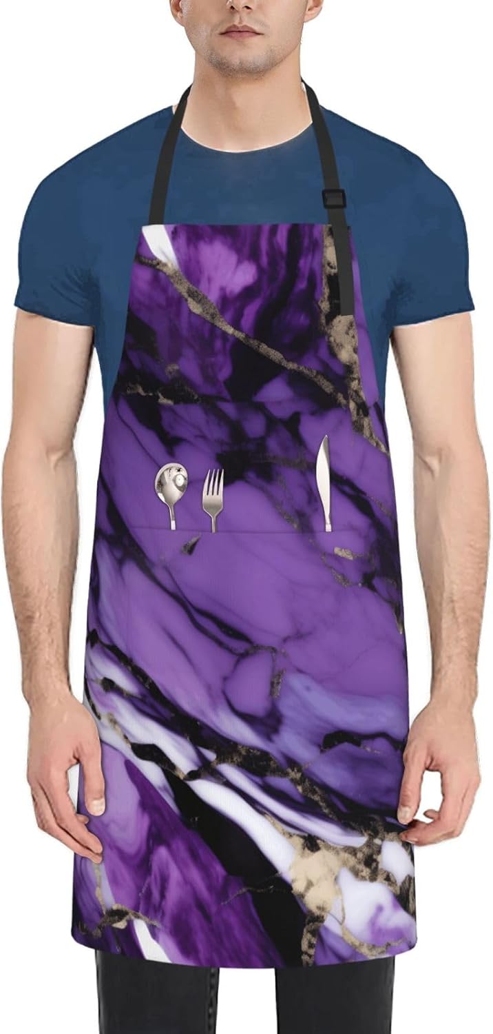 YANYU marble purple Print 28x33 In Kitchen Apron Stylish Chef Apron with Pockets for Cooking Baking Painting