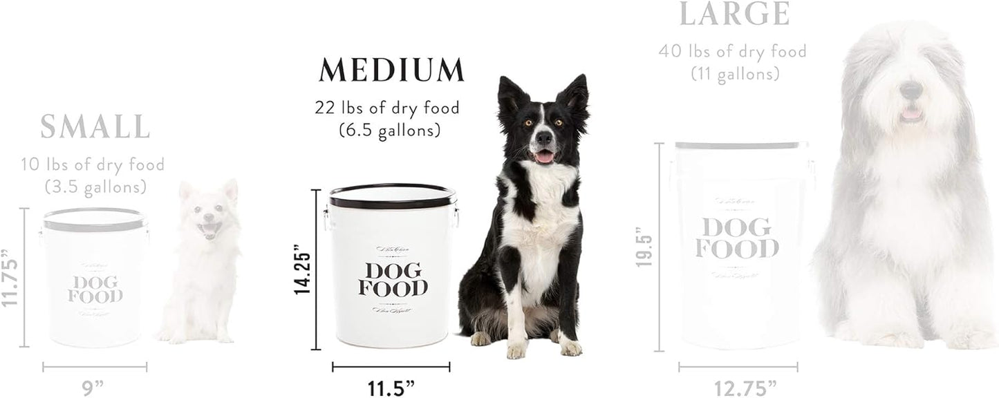 Harry Barker Bon Chien Dog Food Storage Canister – Medium 6.5 gallons, Airtight Stainless Steel Pet Food Container, Stylish Kitchen Counter Dog Kibble Storage with Easy-Open Lid - White