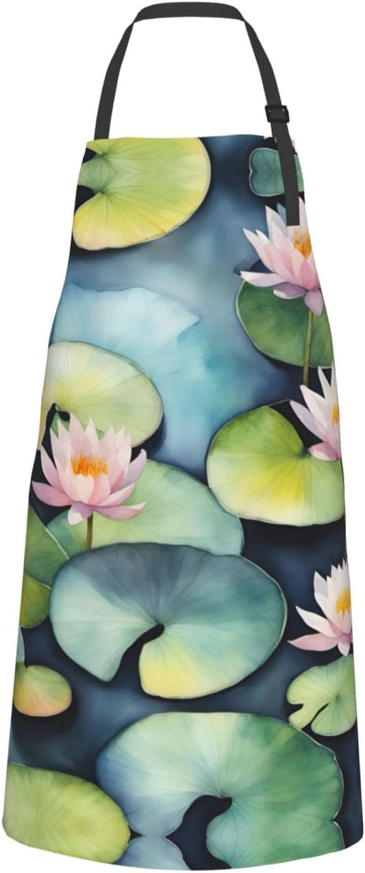 Black Lily Pads print Waterproof chef's apron with pocket apron for ki