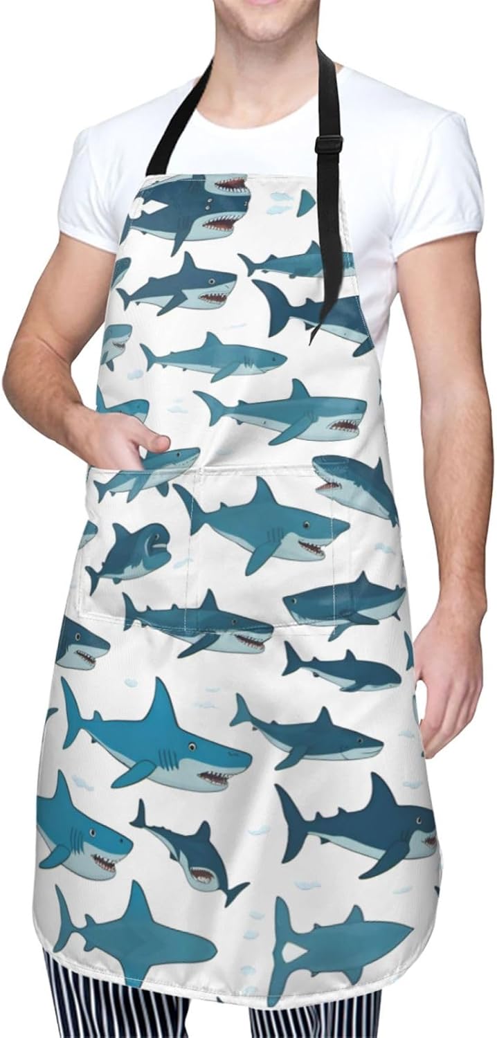 Shark Pattern with Various Gestures print Waterproof chef's apron with pocket apron for kitchen cooking baking barbecue and gardening