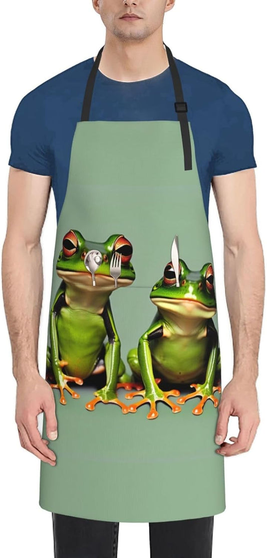 Funny Green Frogs 1 print Waterproof chef's apron with pocket apron for kitchen cooking baking barbecue and gardening