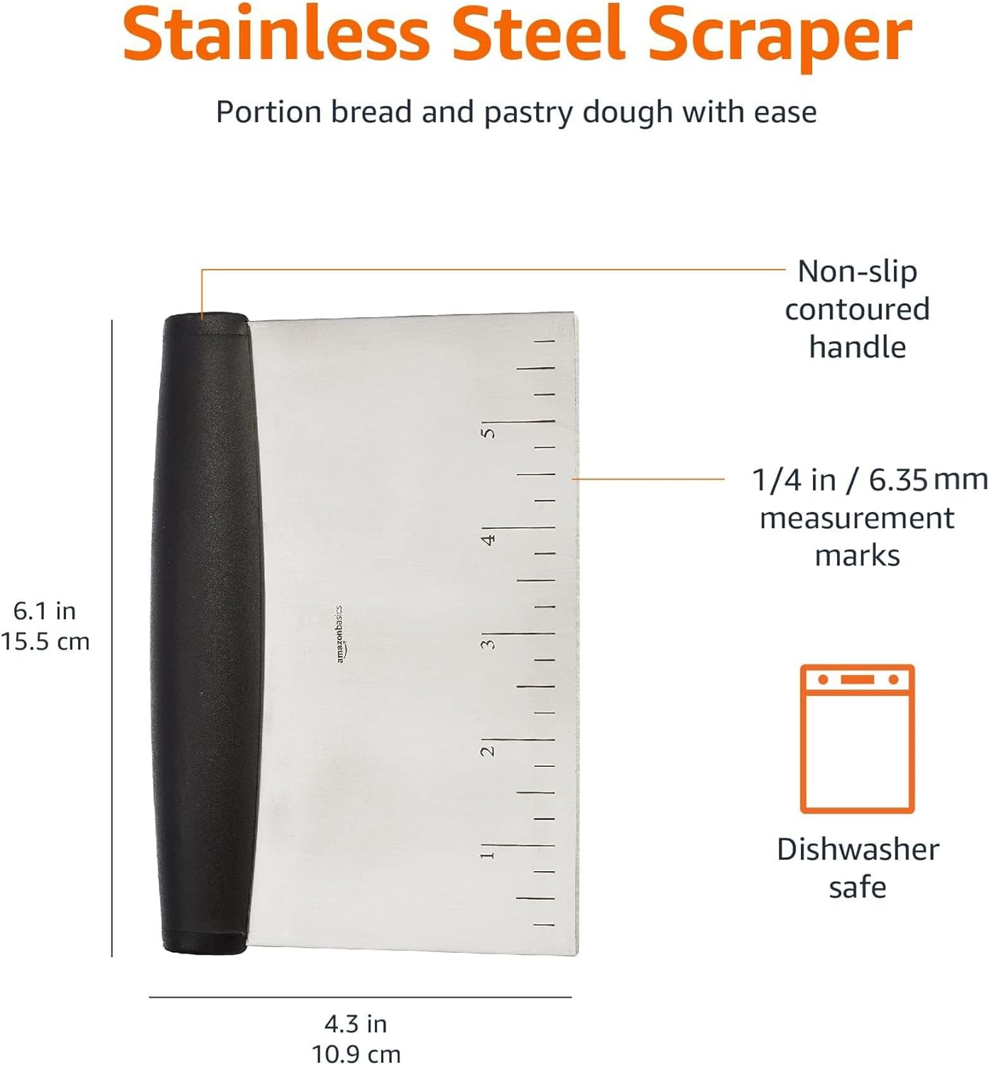 Amazon Basics Multi-Purpose Bench Scraper, Stainless Steel Dough Cutte