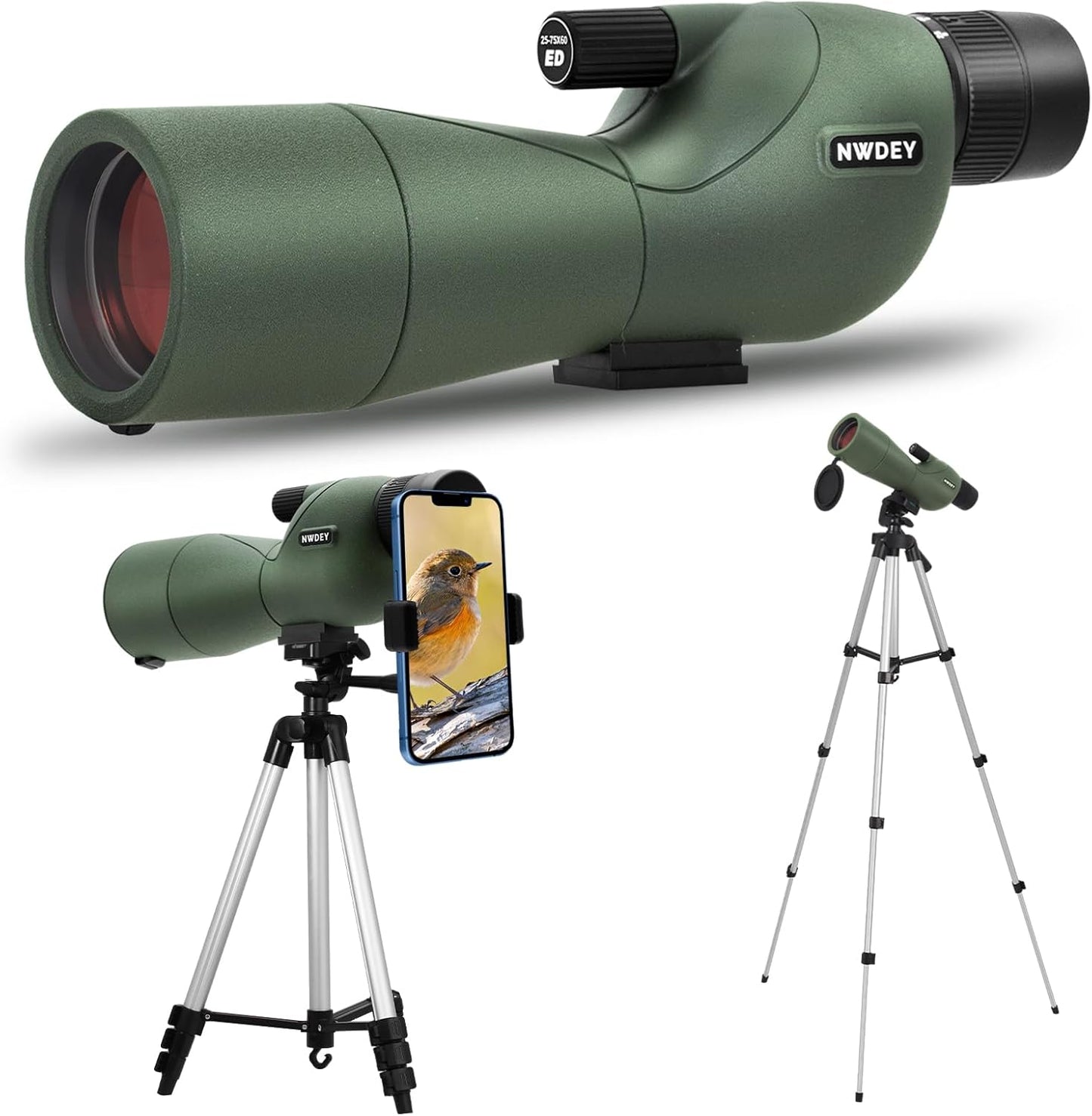 25-75X60 Spotting Scope with 51in Tripod, Spotting Scope for Target Shooting, Hunting & Bird Watching, Low Light Vision, Phone Adapter, Carry Bag, BAK4 Prism, FMC Lens, Waterproof (ArmyGreen)