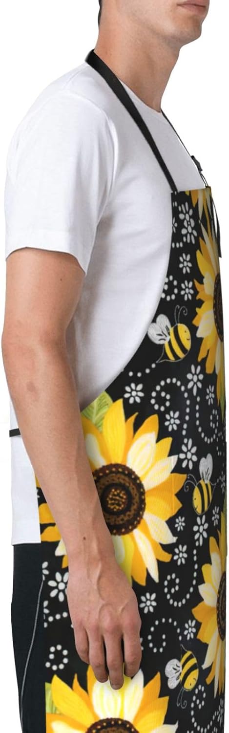 Sunflower bee print Waterproof apron with pocket adjustable cooking ap