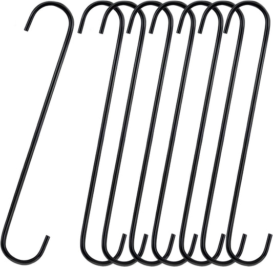 8 Pack S Hooks Heavy Duty 12 Inch Large S Shape Hooks for Hanging Plant Pots and Pans Steel Metal Hanger Hook Black Long S-Hook for Hanging Clothes, Plants, bird feeders, Garden Indoor Outdoor