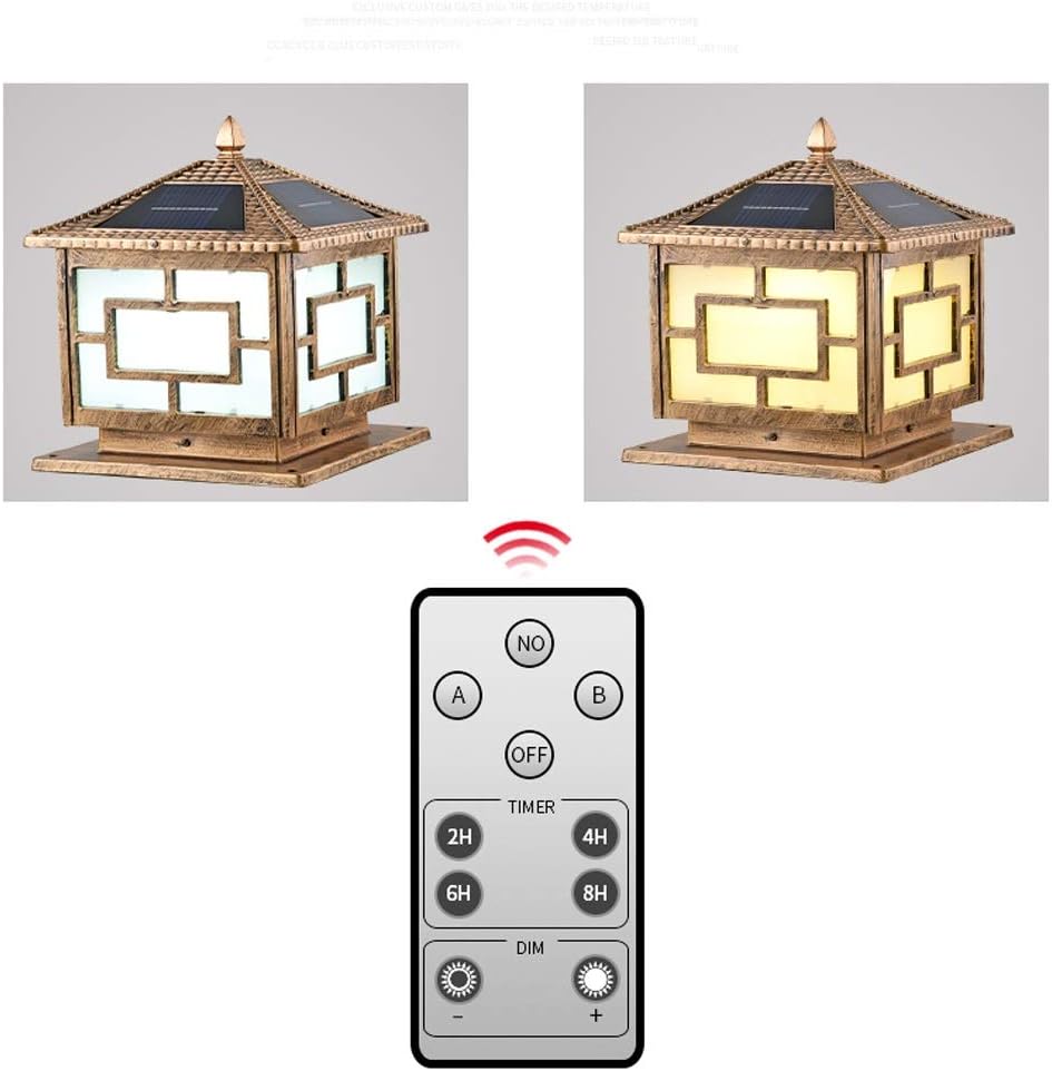 Vintage 25CM Solar Column Headlight Remote Control Outdoor Waterproof Garden Light Home Door Chinese Villa Wall Lamp Acrylic Lampshade Two-Color Source Deck Patio(Black)