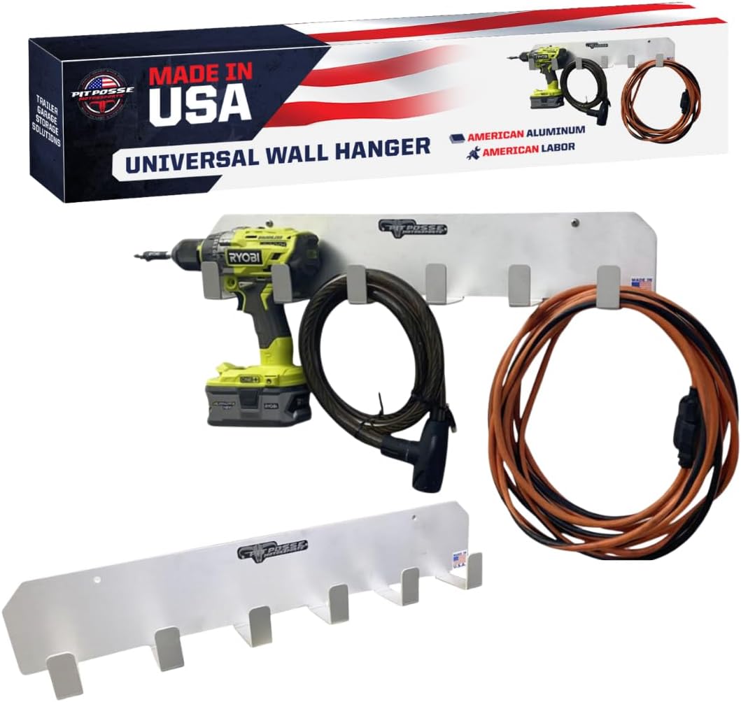 Pit Posse PP3347 Trailer Garage Tool Storage Rack Wall Hanger Holder Organizer - Made in USA - Universal Multi Purpose - 6 Heavy Duty Hooks - Power Tools, Brooms, Tie Downs, Cords, Drills, & More