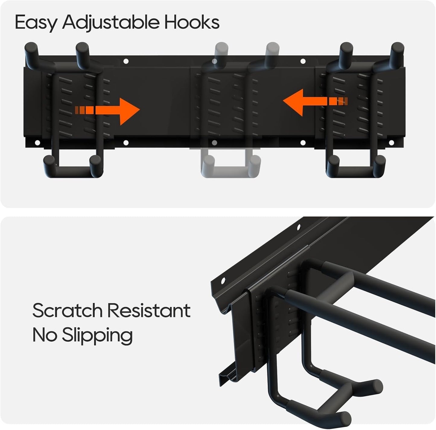 Wall Mount Garage Storage | Garden Tool Organizer | 350 lb Capacity Adjustable Steel Rails with 6 Rubber-Coated Hangers | Rustproof Carbon Steel Storage Rack for Garage, Shed & Outdoor Tools