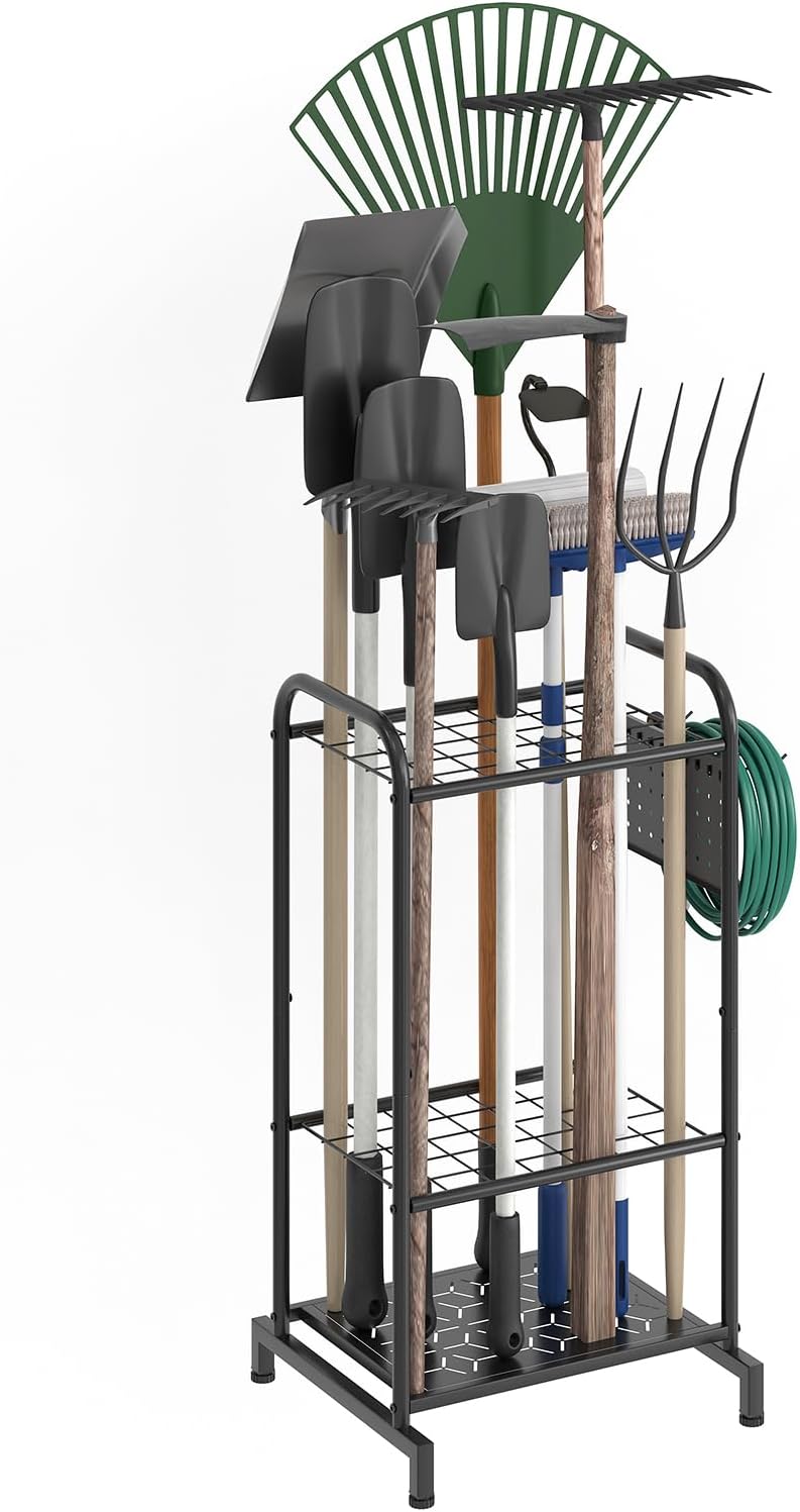 Garden Tool Organizer, Garage Tool Storage Rack, Heavy Duty Metal with Side Pegboard & Adjustable Hooks, Utility Racks for Shed, Patio & Outdoor Use