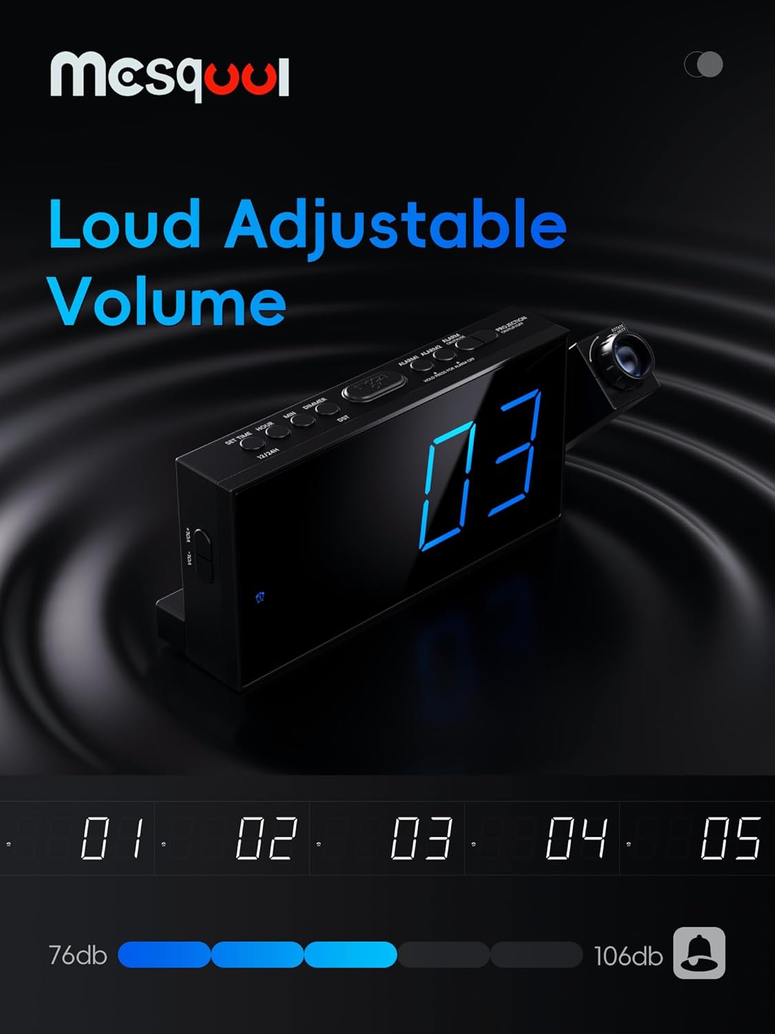 Digital Projection Alarm Clocks for Bedrooms - Large LED Display, 180°