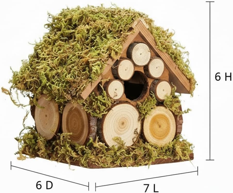 Spring Wren Bird House for Outside - Hard Wood Bird HouseNest Box for Outdoor - Moss Bird House with Cedar Rings- Gifts for Nature Lovers - Pole Mountable Bird House - 1.125" Entrance