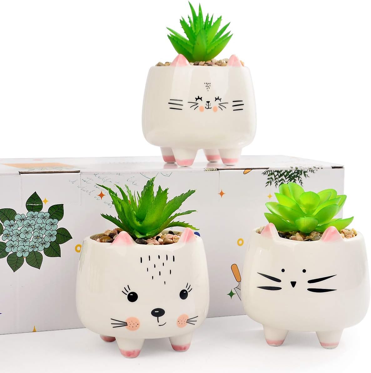 B SEPOR 3 Little Kitty Cats Small Artificial Succulents Potted with White Porcelain Pots Ceramic Animal Planter Gift Set for Home and Office Decor