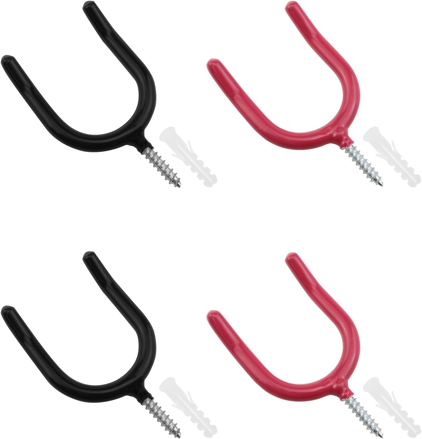 Two U-Shaped Shovel Hooks Each in Black and red, a Screw-in Heavy-Duty Tool Rack, Suitable for Hanging Garage, Garden and Courtyard Tools 4pcs