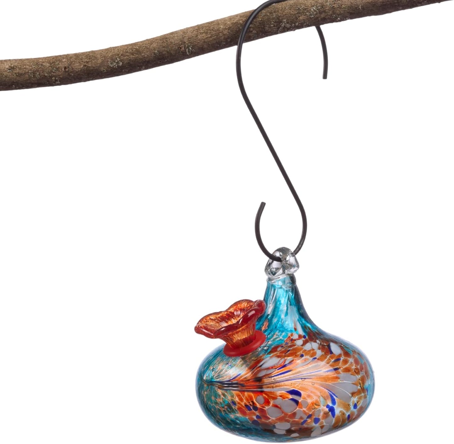 Red Carpet Studios Hummingbird Feeder Hand-Blown Art Glass, Hanging Birdfeeder with Red Flower Feeding Port, 5.5" Teardrop Blue
