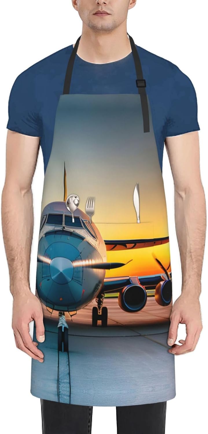 Aircraft Plane at Sunsets Print Laundry apron 28x33 In Waterproof Kitchen Apron with Pockets for Cooking Baking