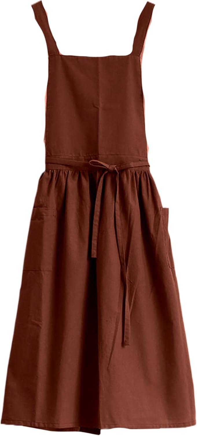 Aprons, Gardening Apron for Women Cross Back Aprons for Women Pinafore Apron Women Cotton Linen Cross Back Apron with Pockets for Gardening Works Pinafore Dress