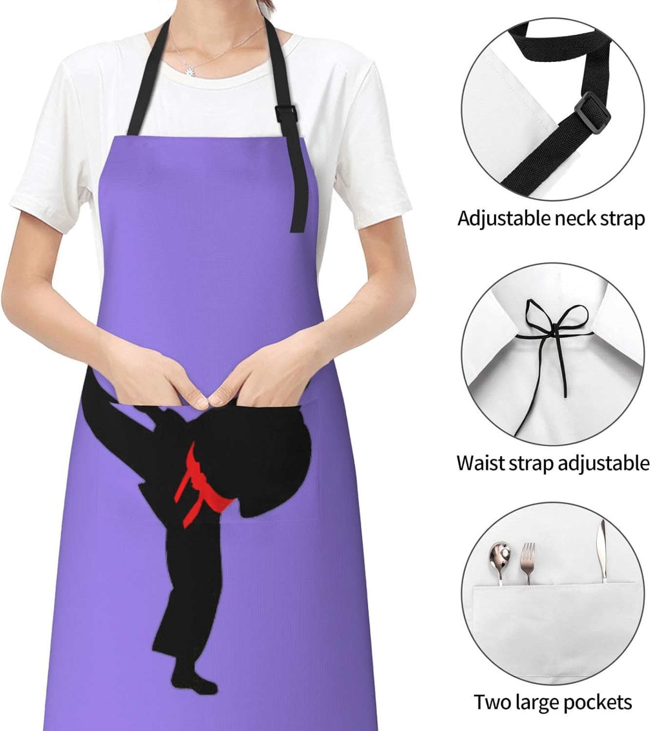 Karate Boy Vector Changeable Belt Color Print 28 x 33in Waterproof Apron with Pockets Fashionable Versatile Smock for Baking