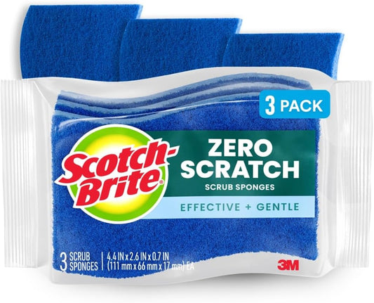 Scotch-Brite Zero Scratch Scrub Sponge, 3 Kitchen Sponges for Cleaning Around the Home, Bathroom & More, Effective + Gentle Dish Scrubber, Best for Nonstick Pots and Pans, Safe on Most Surfaces