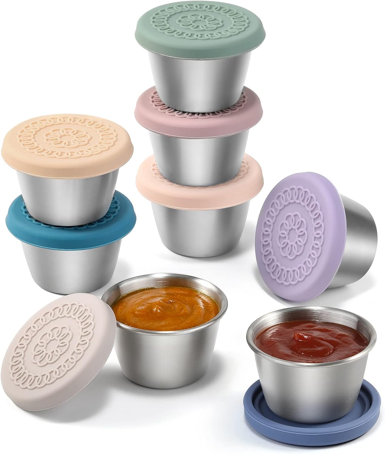 [8 Pack] Salad Dressing Container To Go, 2.4oz Small Condiment Containers with Leakproof Silicone Lids, Reusable Stainless Steel Sauce Cups for Lunch Bento Box, Picnic and Travel