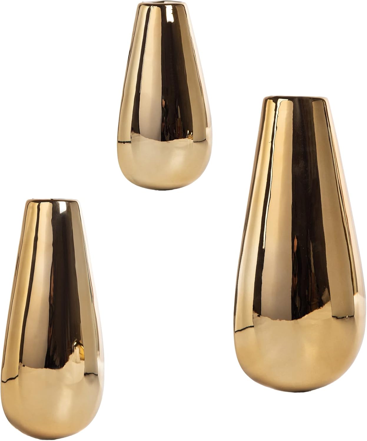 Wall Mount Metallic Gold Flower Vase, Ceramic Hanging Planter with Teardrop Shape, Set of 3 Contemporary Oval Plant Pots