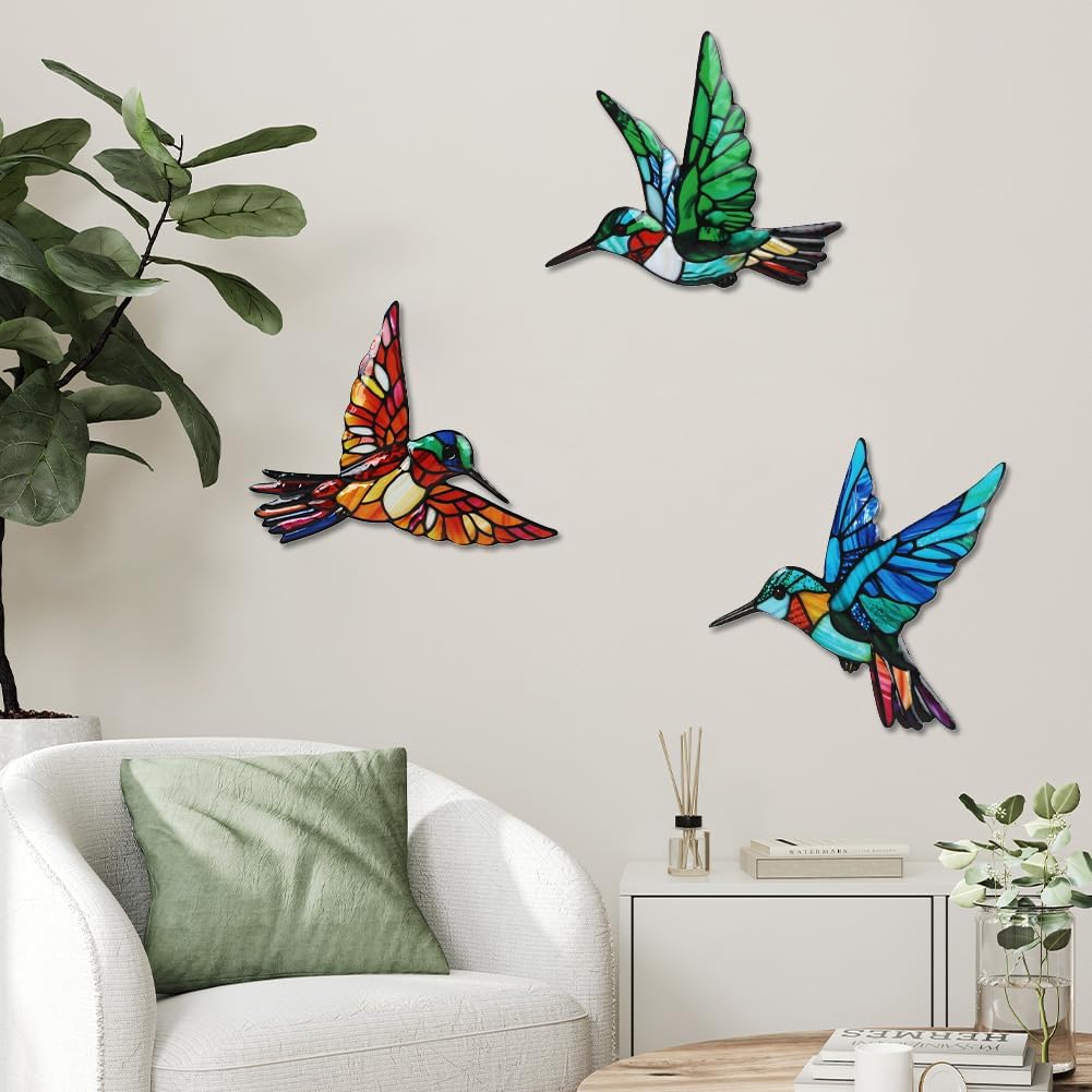 VEWOSTAR 3 Pcs Metal Hummingbird Wall Art, Indoor Outdoor Hanging Sculpture, Holiday Theme Garden Decor,Metal Bird Wall Decor for Modern Farmhouse Rustic Home