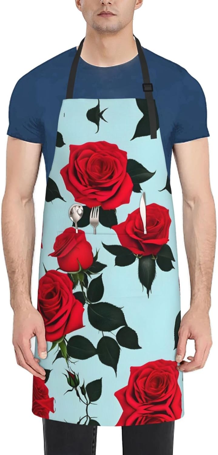 Red Rose print Waterproof chef's apron with pocket apron for kitchen cooking baking barbecue and gardening