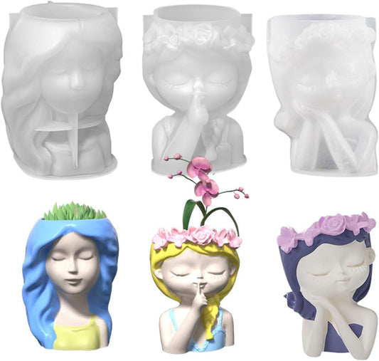 3pcs DIY Cute Girls Flower Pots Silicone Molds Pen Holder Epoxy Resin 