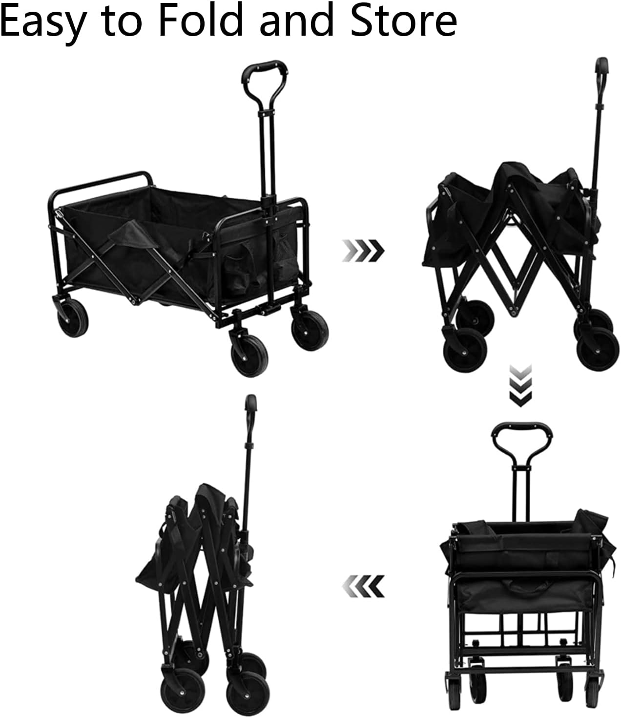 Collapsible Folding Utility Wagon Cart for Outdoor Camping, Beach, Garden & Sports - Adjustable Handles, Heavy-Duty, 80 KG/176 lbs Capacity, Portable & Easy to Transport, Black